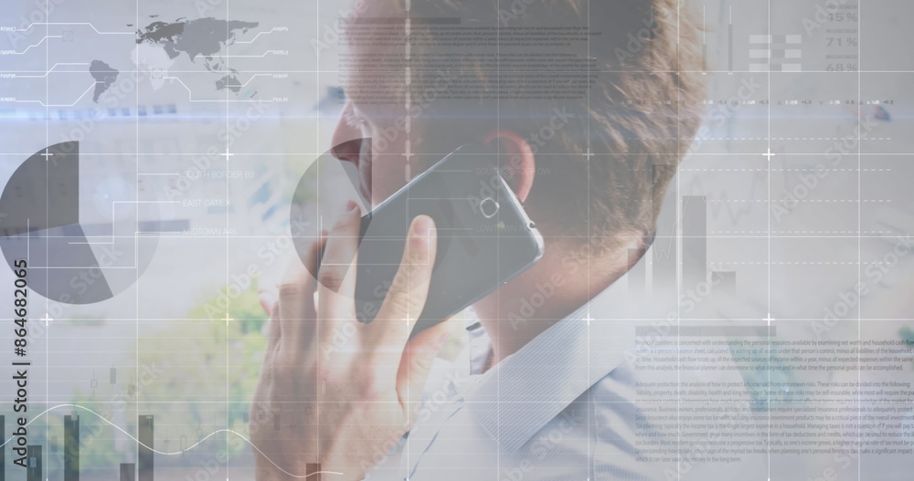 Poster image of statistical data processing against caucasian man talking on smartphone at office