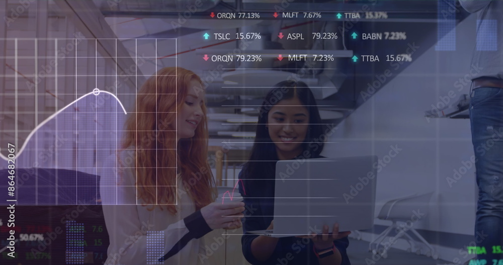 Sticker Image of statistical, stock market data processing over two diverse women discussing at office