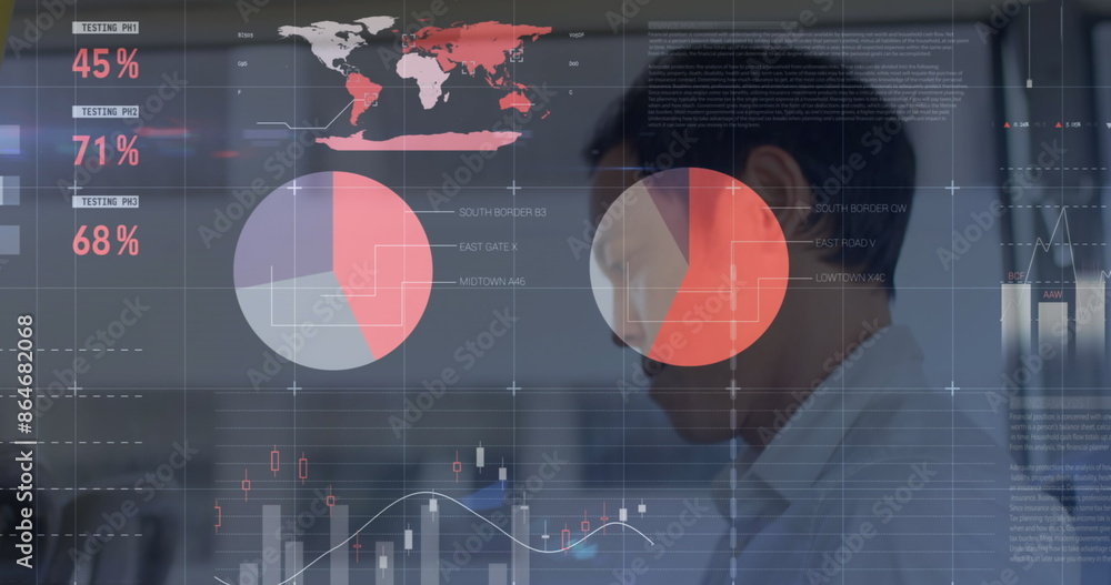 Poster image of statistical data processing against asian man talking on smartphone in the bus