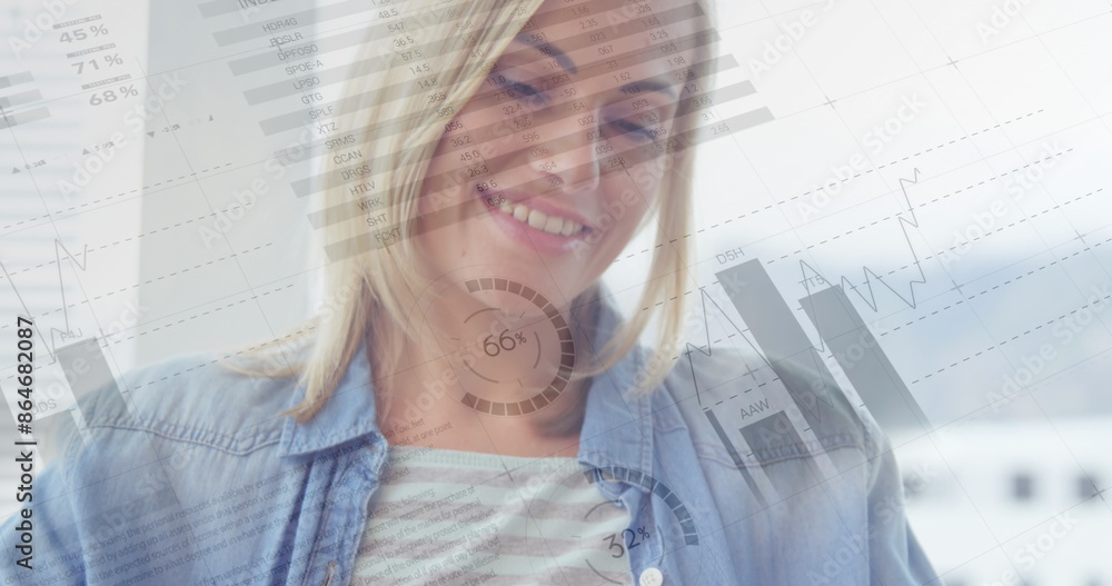 Poster image of statistical data processing over caucasian woman smiling while using tablet at a cafe