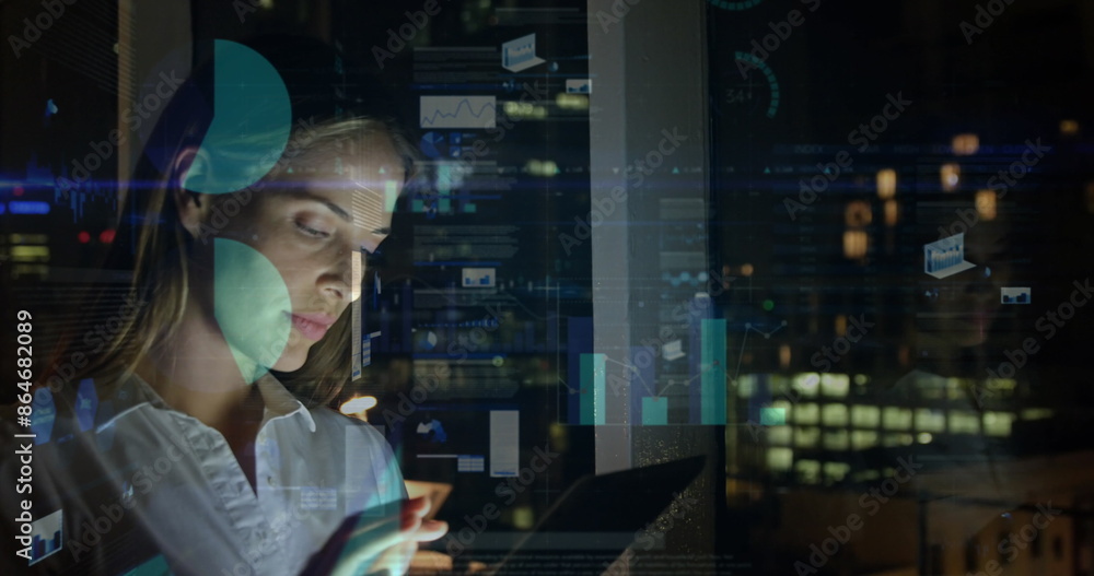Aufkleber image of statistical data processing over caucasian woman using tablet working late at office