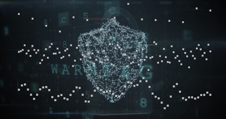 Image of cyber security data processing over security sheild icon against black background
