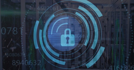 Image of security padlock icon over round scanner and changing numbers against server room