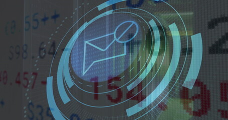 Image of message block icon on round scanner, stock market data processing against server room