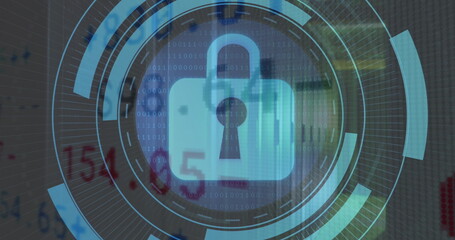 Image of security padlock icon on round scanner, stock market data processing over server room