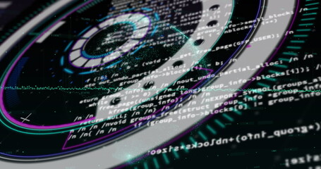 Image of neon round scanner spinning over data processing and spinning globe on black background