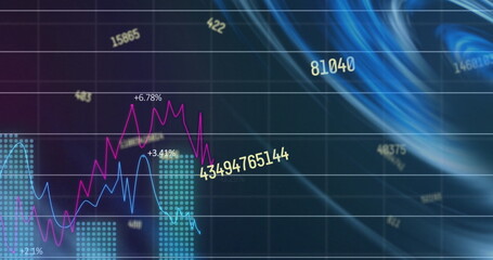 Image of changing numbers against neon round scanner and statistical data processing