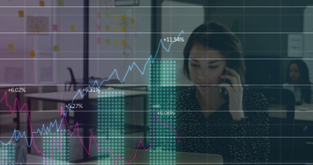Image of statistical data processing against caucasian woman talking on smartphone at office