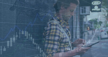 Image of financial data processing over happy caucasian man using smartphone on the street