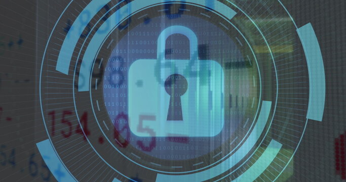 Image of security padlock icon on round scanner, stock market data processing over server room