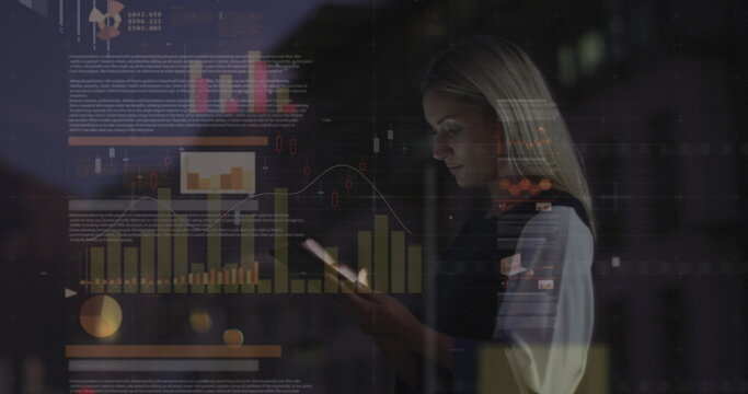 Image of statistical data processing over caucasian woman using tablet against tall buildings