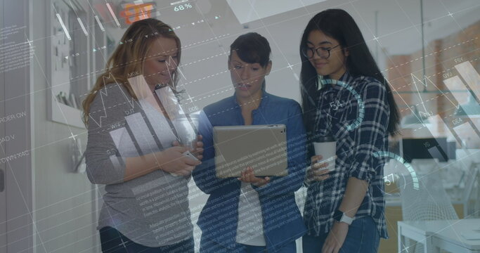 Image of statistical data processing over three diverse women discussing over a laptop at office