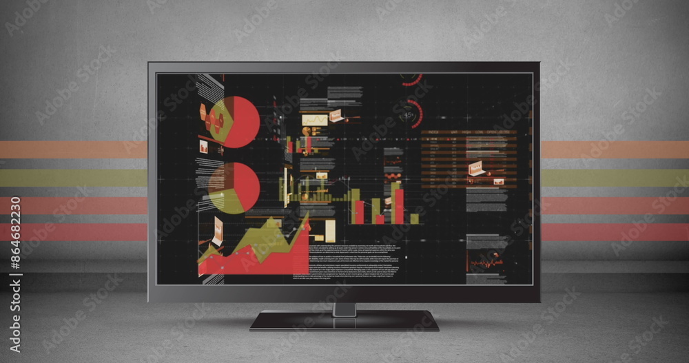 Poster image of graphs and data on computer screen over grey background with stripes