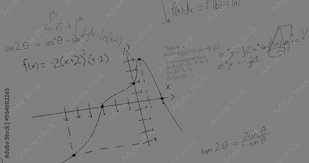 Poster digital image of mathematical equations and formulas floating against grey background
