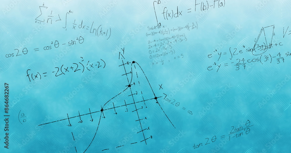 Poster digital image of mathematical equations and formulas floating against blue background