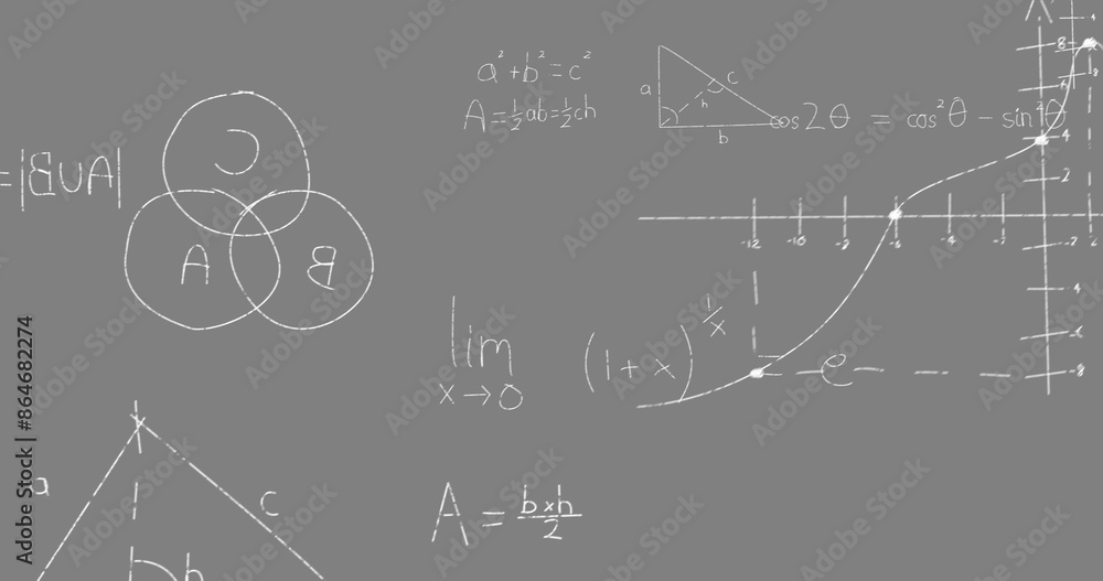 Poster digital image of mathematical equations and formulas floating against grey background