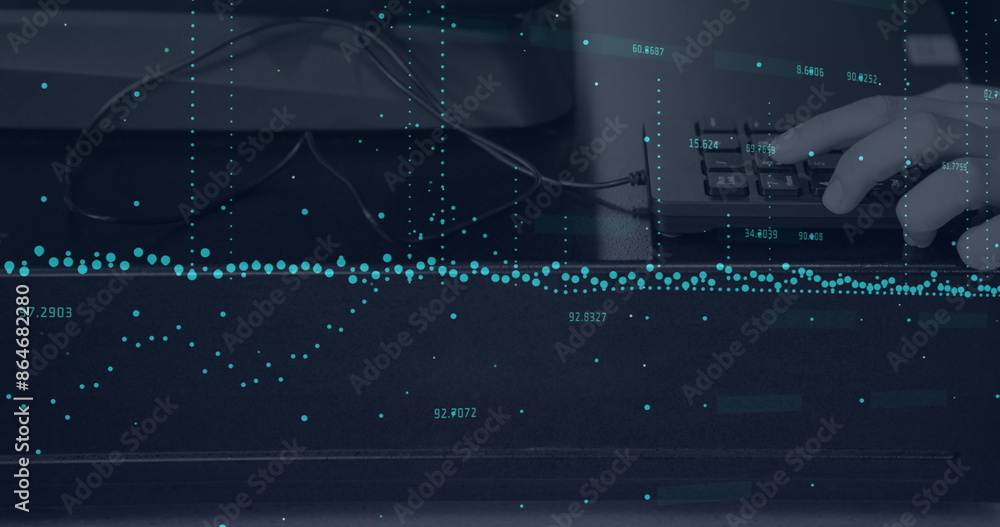 Poster statistical data processing against close up of hands using keyboard, digital image