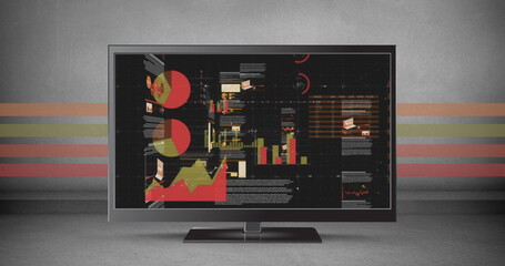 Image of graphs and data on computer screen over grey background with stripes