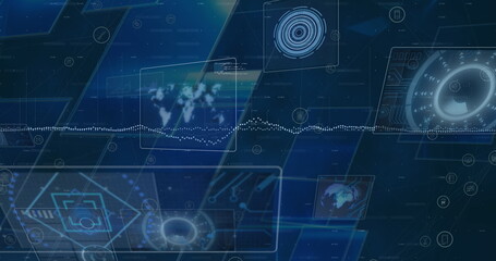Image of scanners and screens with data processing against blue background