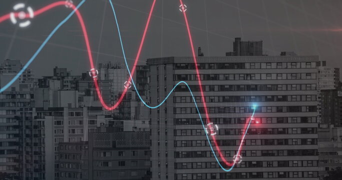 Neon statistical data processing against tall buildings in the city