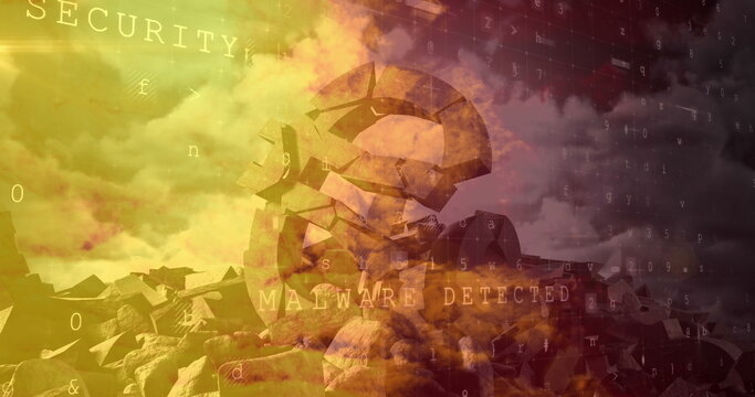 Image of cyber security data processing over broken euro symbol against clouds in the sky - Powered by Adobe