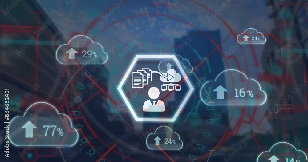 Aufkleber image of data processing with icons over tall buildings