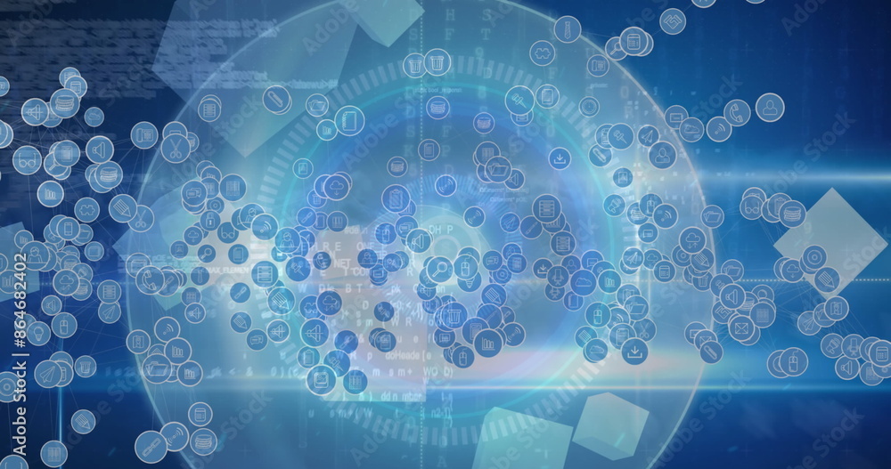 Aufkleber image of financial data processing and falling icons over dark background