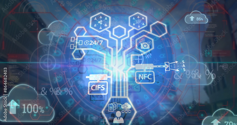 Poster image of data processing with icons over tall buildings