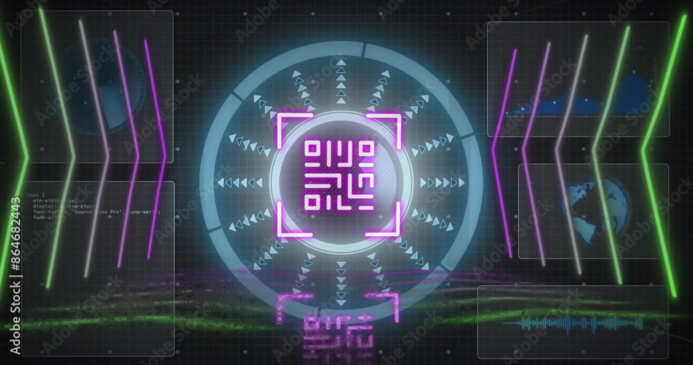 Poster image of qr code and scope scanning over neon lines on black background