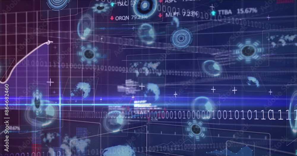 Aufkleber image of data processing and binary coding over scope scanning on blue background