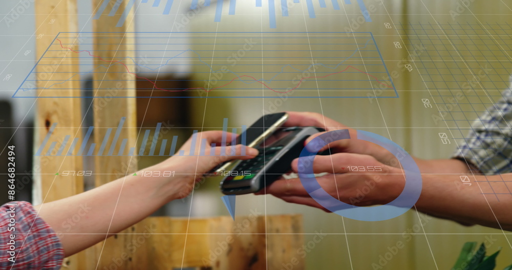 Poster image of statistical data processing over caucasian woman making a payment by terminal