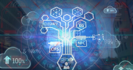  Image of data processing with icons over tall buildings