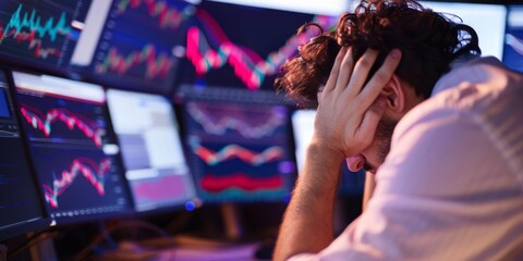 a person looking stressed while monitoring server performance on multiple screens