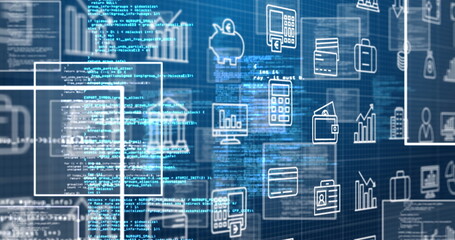 Image of data processing and icons on blue background