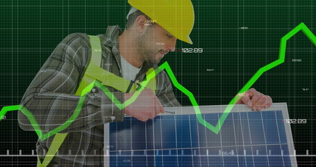 Image of green grid over particles forming dna helix over using smartphone