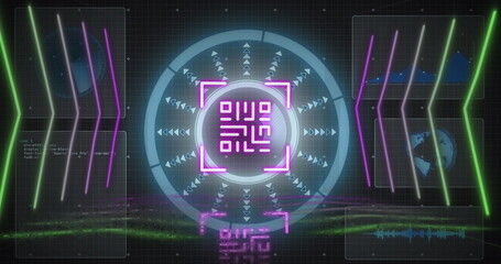 Image of qr code and scope scanning over neon lines on black background