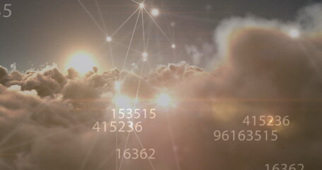 Image of network of connections and numbers processing over sky with clouds