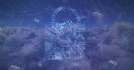 Image of network of connections with padlock security icons over clouds