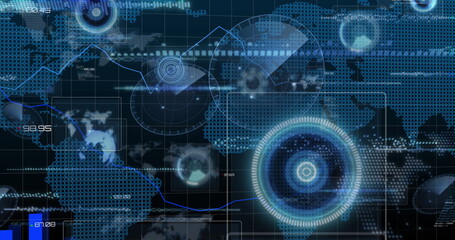 Image of network of connections and data processing over world map