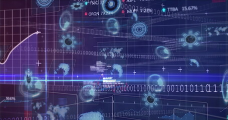 Image of data processing and binary coding over scope scanning on blue background