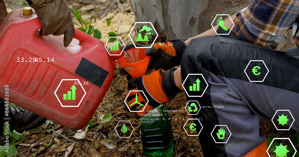 Poster image of data processing over caucasian worker with bottle of petrol
