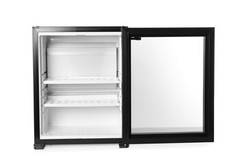 Empty modern mini refrigerator isolated on white