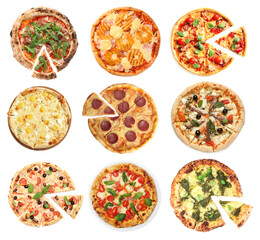 Different tasty pizzas isolated on white, collection