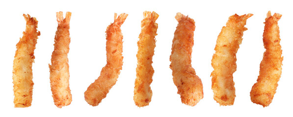 Tasty batter-fried shrimps isolated on white, set