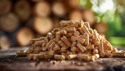Obraz premium Neat pile of biomass wood pellets against a woodpile backdrop.
