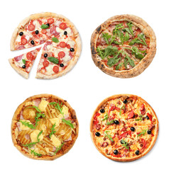 Different tasty pizzas isolated on white, collection