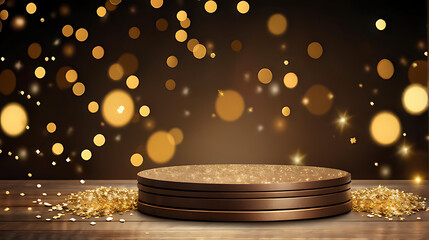 Obraz premium Background black podium stage gold award glitter light 3d platform product golden pedestal. Podium show black background abstract elegant ceremony dark display spotlight effect confetti night scene 