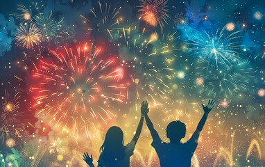 花火大会ではしゃぐカップル