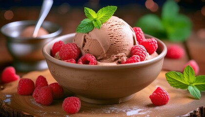  A bowl of rich chocolate ice cream topped with fresh raspberries and mint leaves, in a rustic