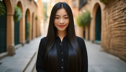 Obraz premium A full-body portrait of an Italian girl. She has long, straight black hair and striking black hair and striking black eyes. She's wearing an elegant black dress and is standing against a white backg